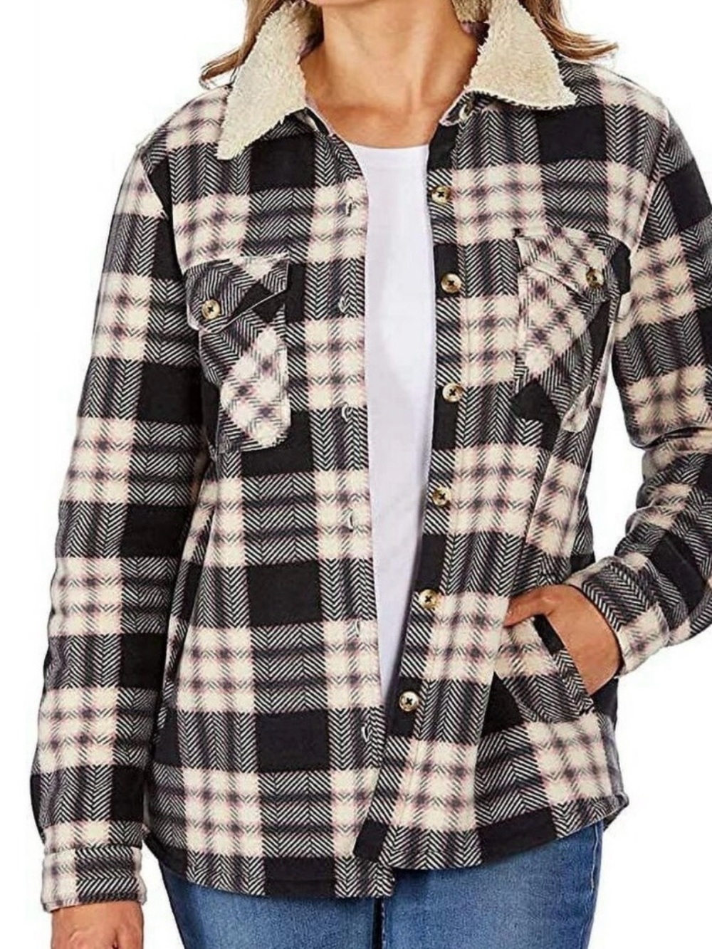 Soho Threads Sherpa Shirt Jacket Black Cream Pink Cozy Flannel Relax Fit XL